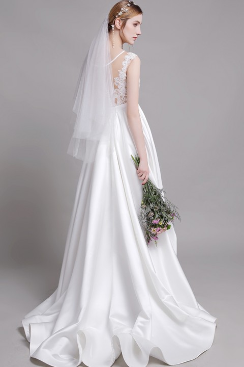Illusion Neck & Back Lace Bodice Satin Skirt Wedding Dress with Train
