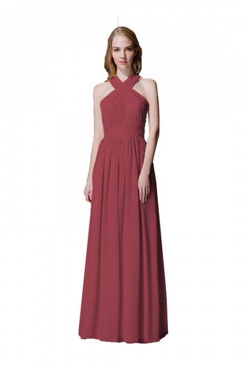 Criss-cross Halter Pleated Chiffon Bridesmaid Dress with Cross-straps Back