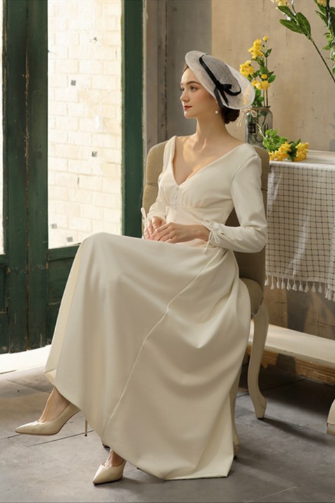 Long Sleeve Deep V Neck & Back Button Casual Satin Wedding Dress