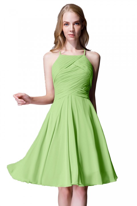 Elegant Halter Tea Length Pleated Chiffon Bridesmaid Dress with Tie Back