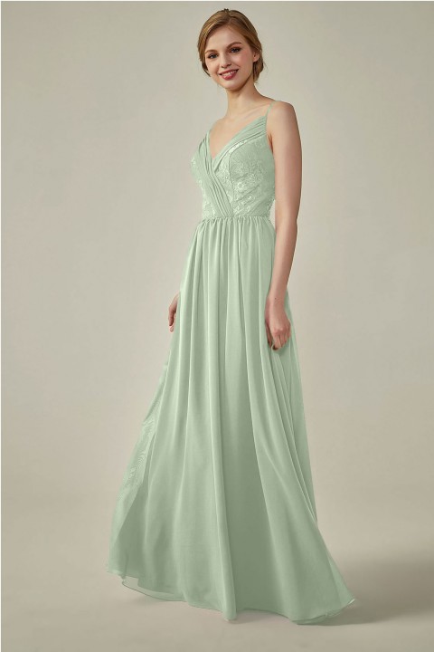 Double Spaghetti Straps Draped Lace Open-back Chiffon Bridesmaid Dress