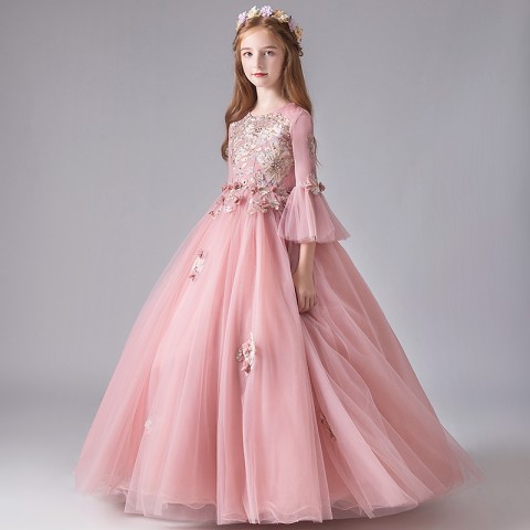 Round Neck Long Puff Sleeve Embroidery Beaded Decor Tulle Skirt Girls Pageant Dresses