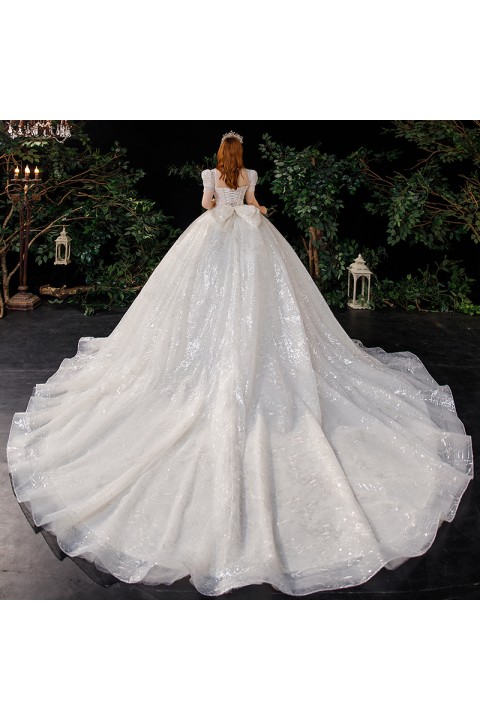 Plus Size 2021 New Square Neckline Sequins Decor With Big Bowknot Tulle Wedding Dress With Long Train
