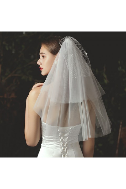 White Muti-Layers Short Soft Tulle Wedding Bridal Covering Veil With Comb