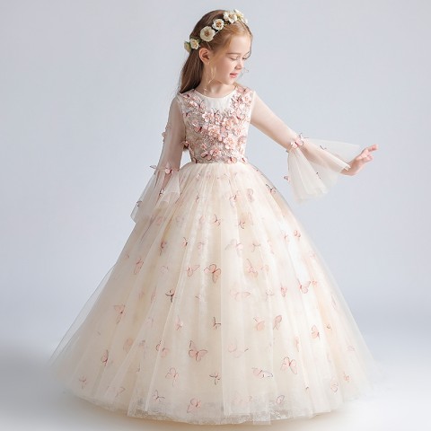 Champagne Long Sleeve Round Neck Butterflies Decor Tulle Skirt Girls Pageant Dresses