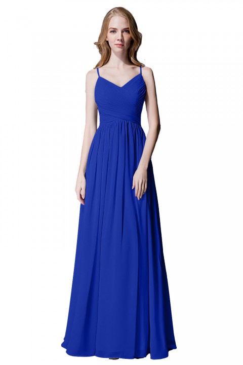 Spaghetti Straps Pleated Chiffon Bridesmaid Dress with Lace Open Back