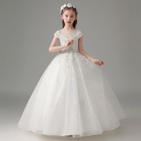 White Round Neck Short Sleeves Sequin & Bead Decor Shiny Floral Tulle Skirt Girls Pageant Dress