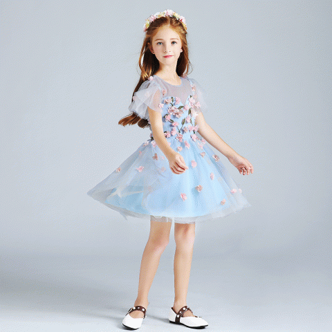 Sky Bule Round Neck Cap Sleeve Flowers Shape Decor Tulle Skirt Girls Pageant Dresses