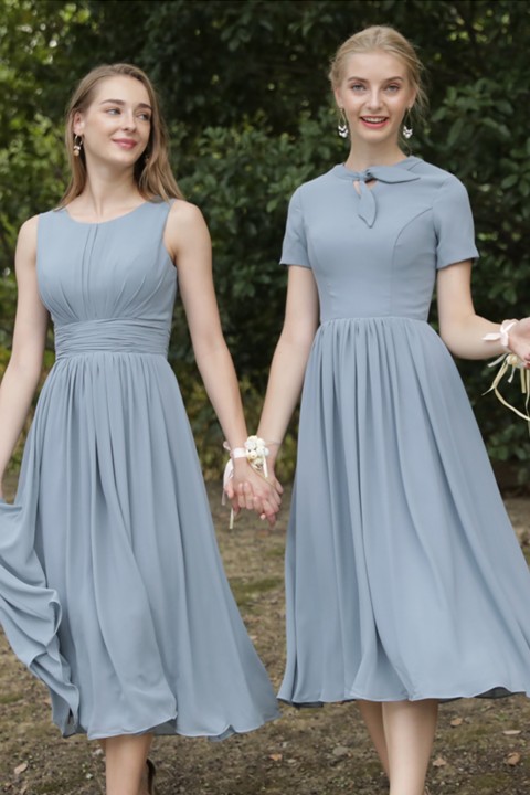 Knotted Neck Short Sleeve Chiffon A Line Bridesmaid Dress