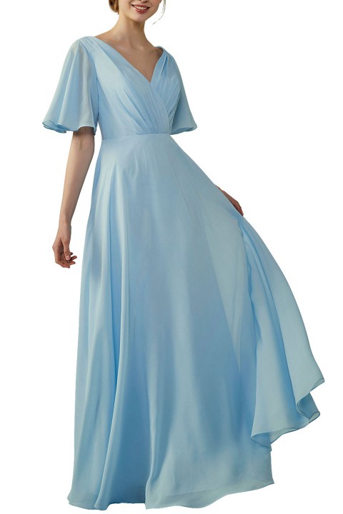 Casual V-Neck Flutter Sleeves Chiffon Ruched Bridesmaid Dress with Keyhole Back