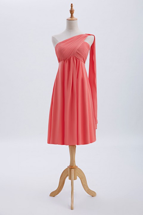 One-Shoulder Pleated Chiffon Short Bridesmaid Dress With Flowing Cape