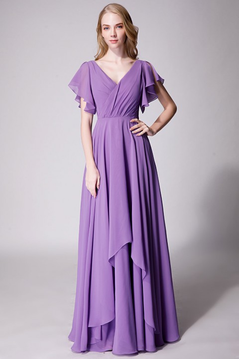 Flutter Sleeve Chiffon Ruched V Back Bridesmaid Dress Long