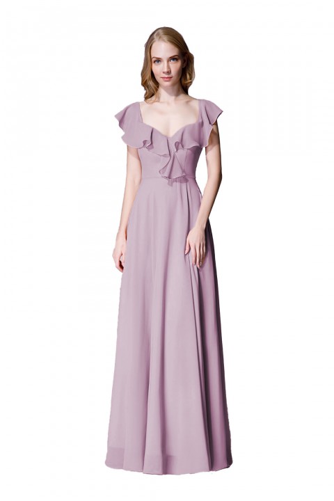 V Neck Cascading Ruffles Sleeve Bow Back Bridesmaid Dress 