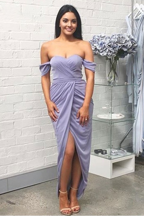 Sweetheart Off Shoulder Ruched Bridesmaid Dress Long With Split  