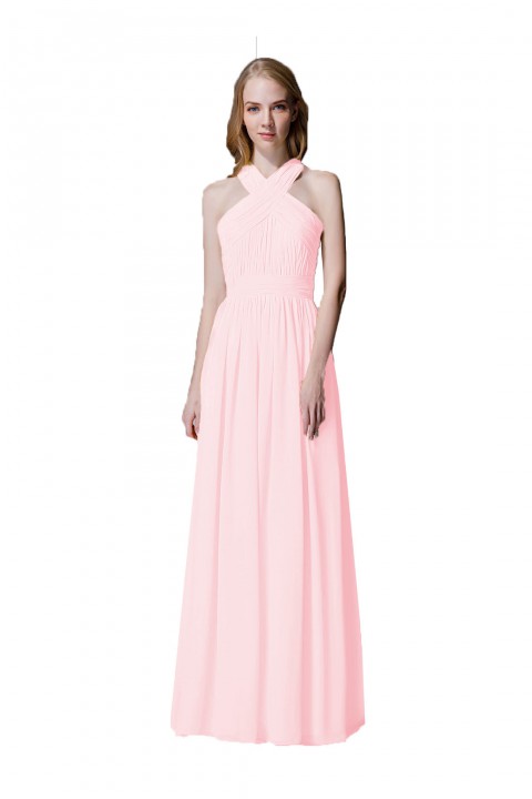 Criss-cross Halter Pleated Chiffon Bridesmaid Dress with Cross-straps Back