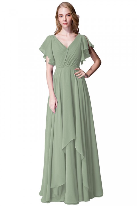 Flutter Sleeve Chiffon Ruched V Back Bridesmaid Dress Long