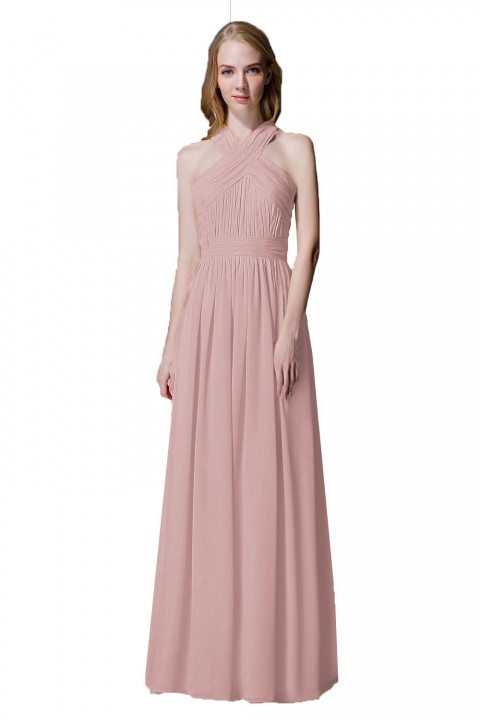 Criss-cross Halter Pleated Chiffon Bridesmaid Dress with Cross-straps Back