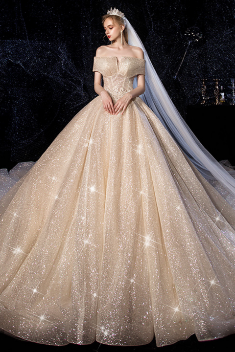 2021 New Glittery Off Shoulder Sleeveless Star Series Tulle Wedding Dress With Long Train