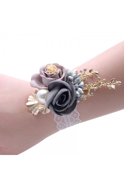 Artificial Flower Pearl Beaded Lace Wedding Wrist Corsage