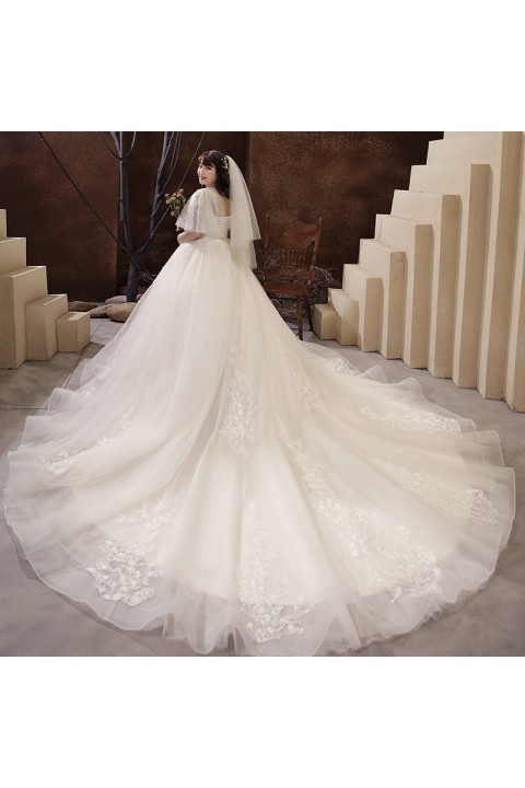 Plus Size 2021 Deep V-neck Half Sleeves Embroidered Flower Tulle Wedding Dress With Long Train