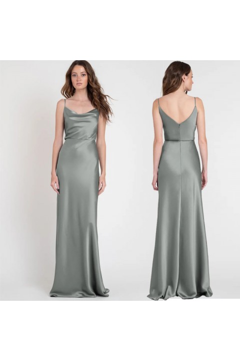 Sliver Spaghetti Strap Double V Neck High Waist Luxe Satin Bridesmaid Dress