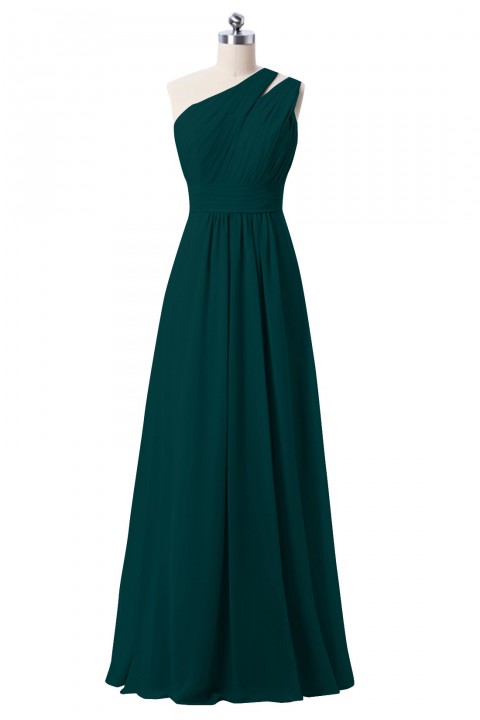 One Shoulder with Double-Straps Detail Pleated Bodice Floor Length Chiffon Bridesmaid Dress