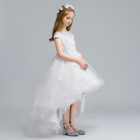 White Sleeveless Knee-length Small Train Tulle Skirt Girls Pageant Dresses