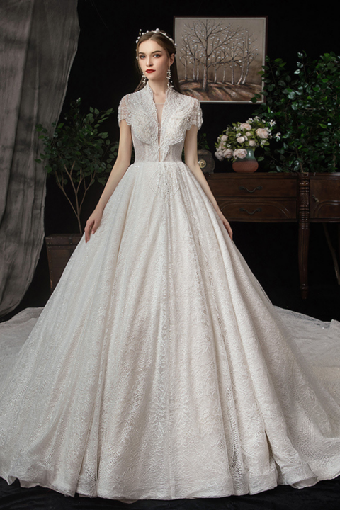 2021 New Glamorous Deep V Neck Cap Sleeves Beading Decor Tulle Wedding Dress With Long Train