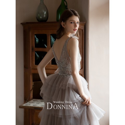 Wisteria Double Deep V-neck Beaded Layer Ruffle Tulle Party Dress