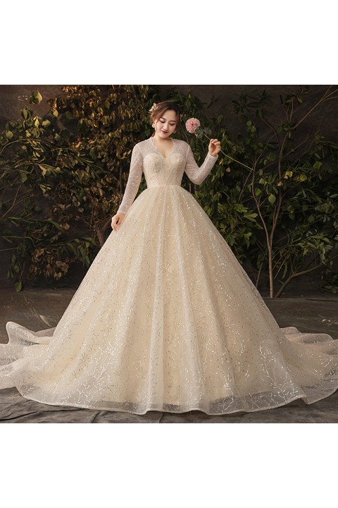 Plus Size 2021 Deep V-neck Long Sleeves Beaded Lace Flower Glitter Tulle Wedding Dress With Long Train