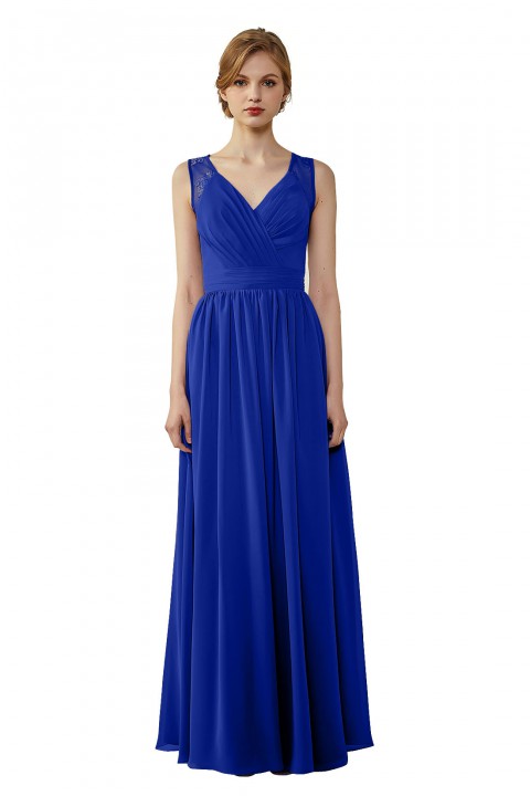 Lace Illusion Back Closure with Button Ruched V-Neck Bridesmaid Dress 