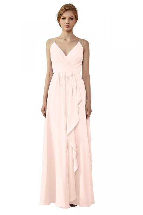 Lace Illusion Back Clousre Tulle Strap V-Neck Bridesmaid Dress with Ruffle