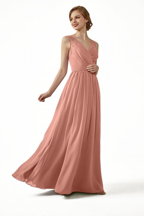 Lace Illusion Back Closure with Button Ruched V-Neck Bridesmaid Dress 