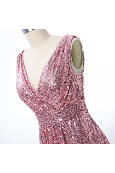 V Neck Ruched Bodice Glitter Sequin Bridesmaid Dress