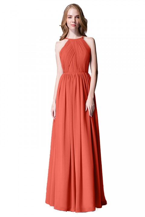 Pleated A-Line Halter Spaghetti-Straps Back Chiffon Bridesmaid Dress