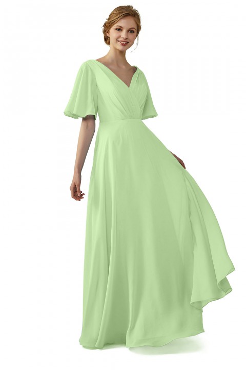 Casual V-Neck Flutter Sleeves Chiffon Ruched Bridesmaid Dress with Keyhole Back