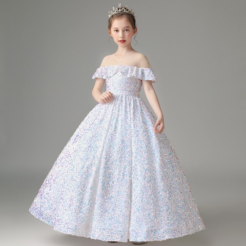 White Gorgeous Round Neck With Flounce Decor Sequin Girls Pageant Dress