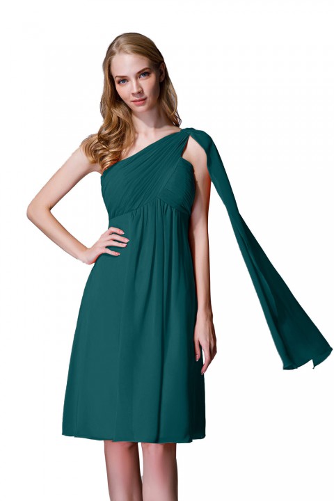 One-Shoulder Pleated Chiffon Short Bridesmaid Dress With Flowing Cape