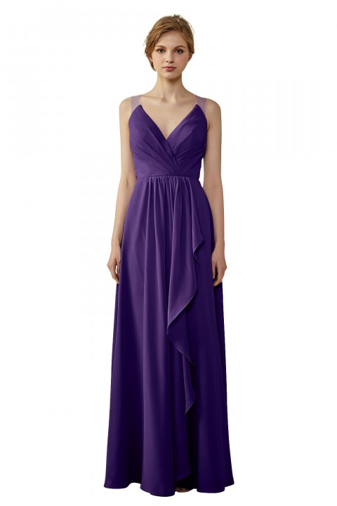 Lace Illusion Back Clousre Tulle Strap V-Neck Bridesmaid Dress with Ruffle