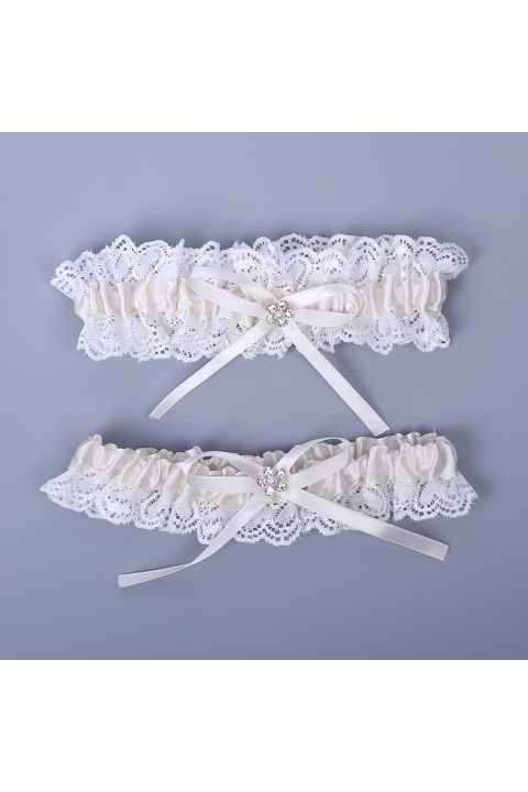 Lace Crochet Pearl Crystal Elastic Bridal Garter Set