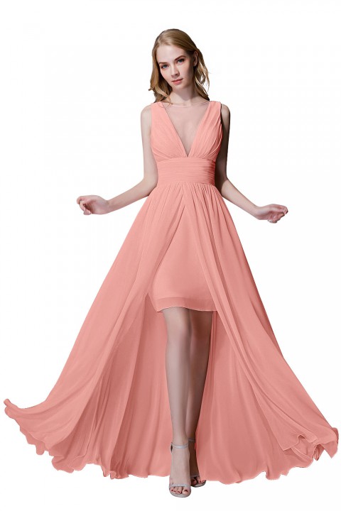 Plunging Illusion Tulle Scoop Neck High Slit Chiffon Bridesmaid Dress