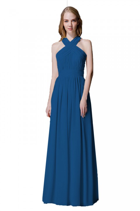 Criss-cross Halter Pleated Chiffon Bridesmaid Dress with Cross-straps Back