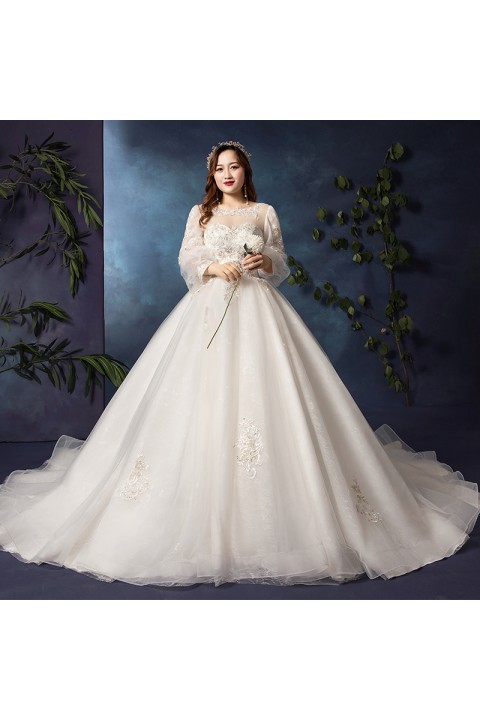 Plus Size 2021 Round Neck Long Tulle Sleeves Beaded Decor Embroidered Flower Tulle Wedding Dress With Long Train