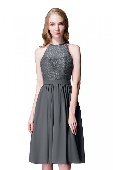 Illusion High Neck Halter Lace Short Bridesmaid Dress with Tie Detail