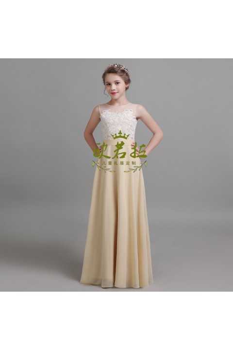 Round Neck Lace Embroidery Sleeveless Chiffon Junior Bridesmaid Dresses