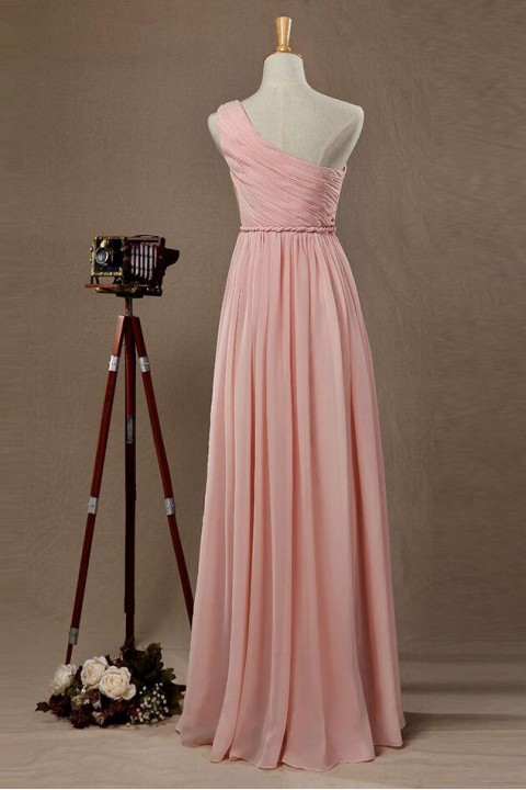 One Shoulder Long Chiffon Pleated Bridesmaid Dress with Twist Belt