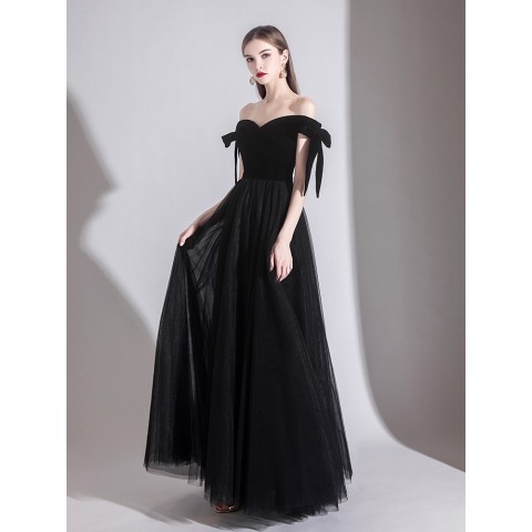 Black Sweetheart Bow Straps Shoulder Design Tulle Skirt Velvet Party Dress