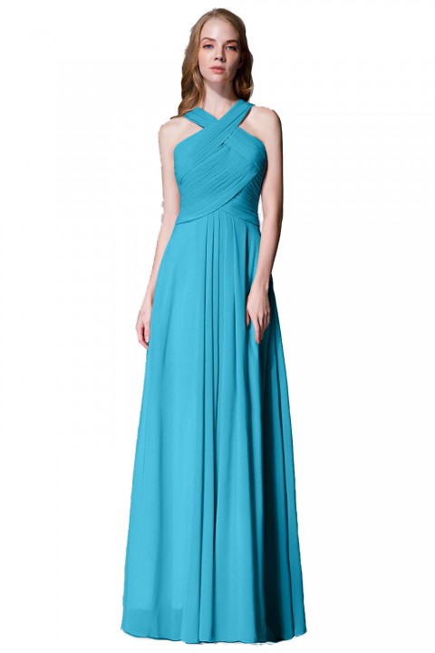 Chic Criss-cross Halter Pleated Chiffon Bridesmaid Dress Long