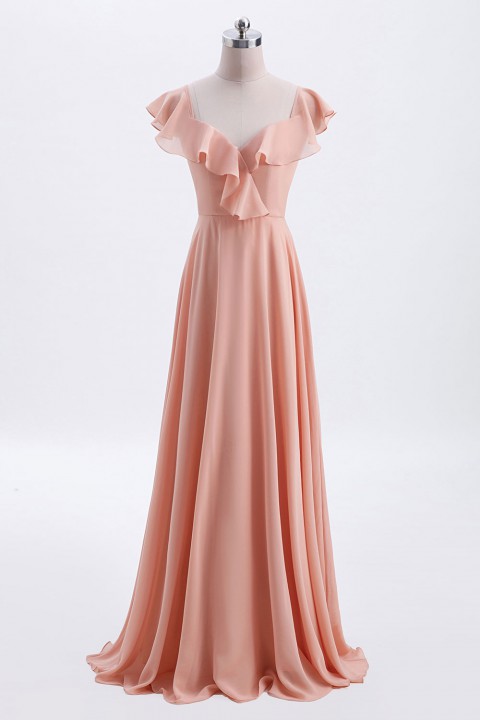 V Neck Cascading Ruffles Sleeve Bow Back Bridesmaid Dress 