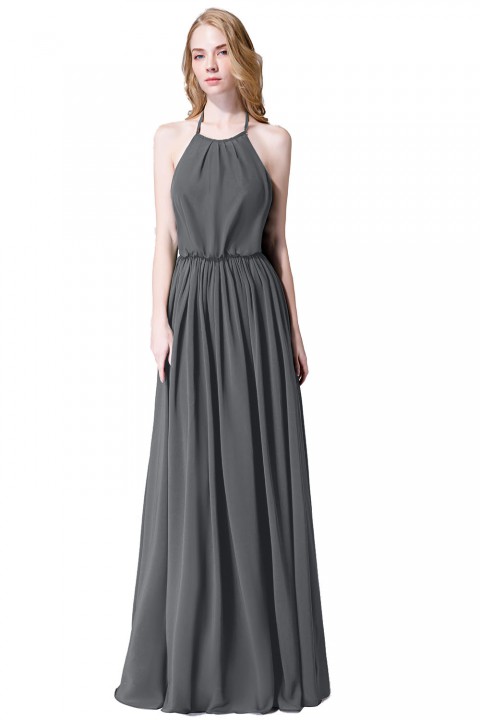 Halter Spaghetti Strap Open Back Chiffon Bridesmaid Dress with Sash